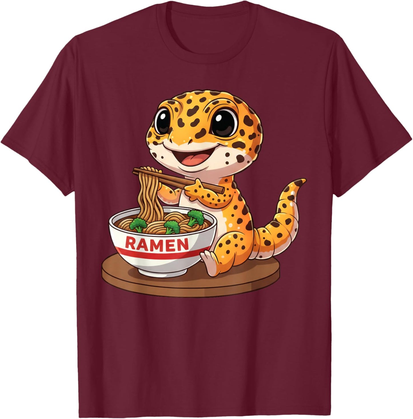 Funny Lizard Reptile Leopard Gecko Eating Ramen Japanese T-Shirt - T-Shirt | Maroon