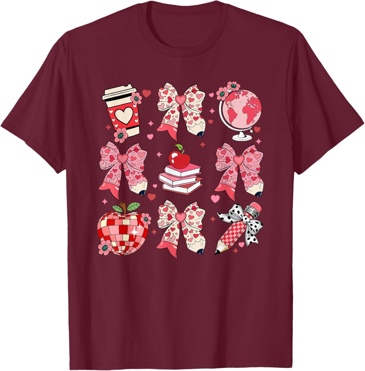 Coquette Bow Leopard Hearts Valentine Day Women Girl Girly T-Shirt - T-Shirt | Maroon