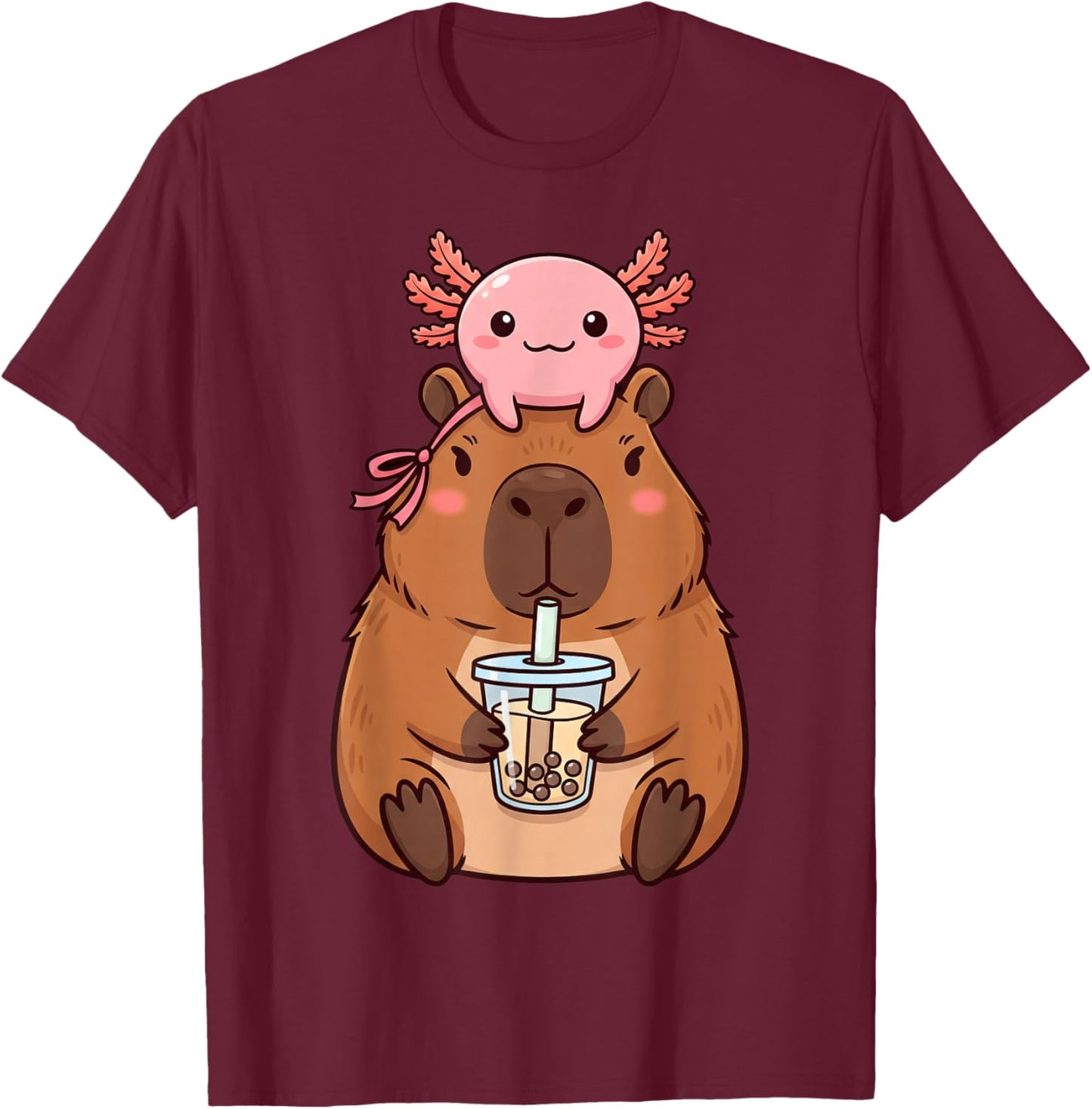 Cute Capybara Drinking Boba Tea Kawaii Axolotl Bubble Tea T-Shirt - T-Shirt | Maroon