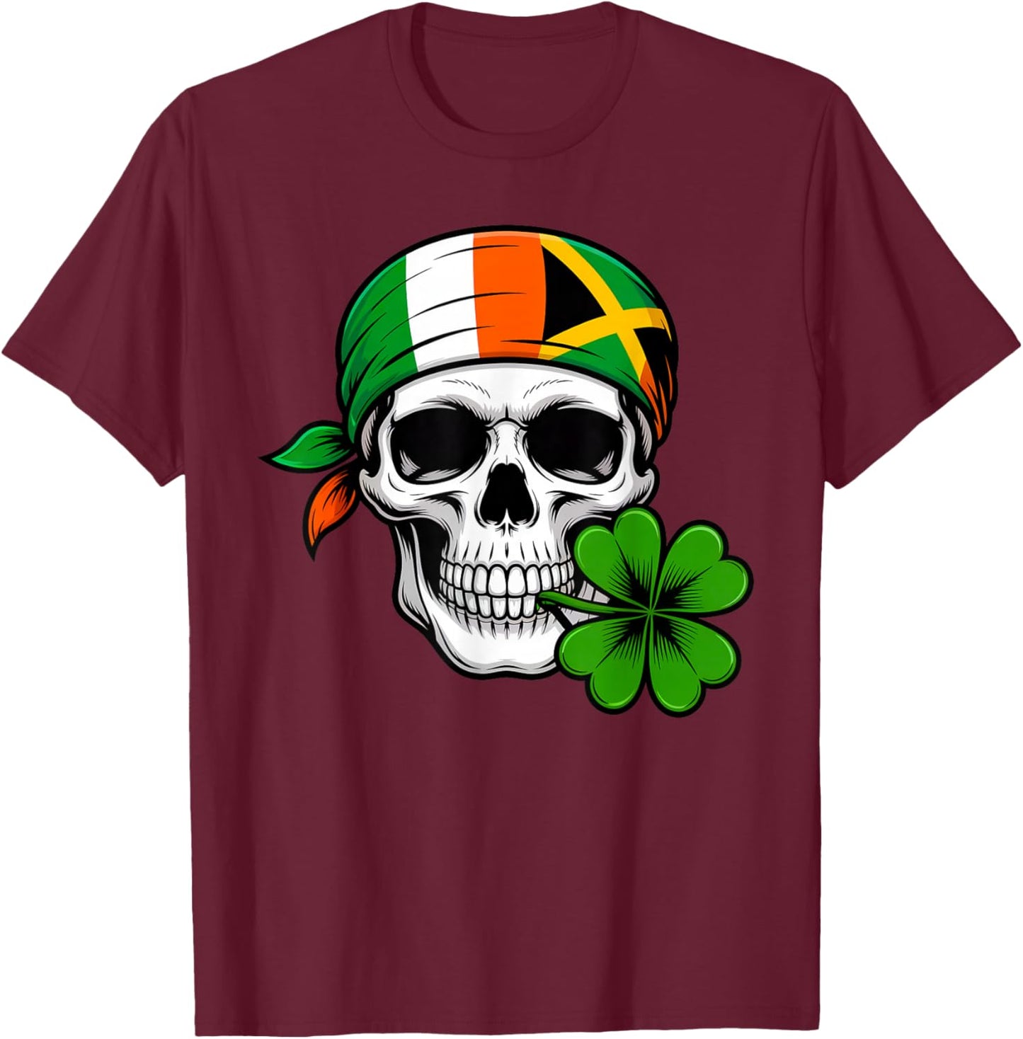 St Patrick's Day Irish Jamaican Skull Shamrock and Bandana T-Shirt - T-Shirt | Maroon