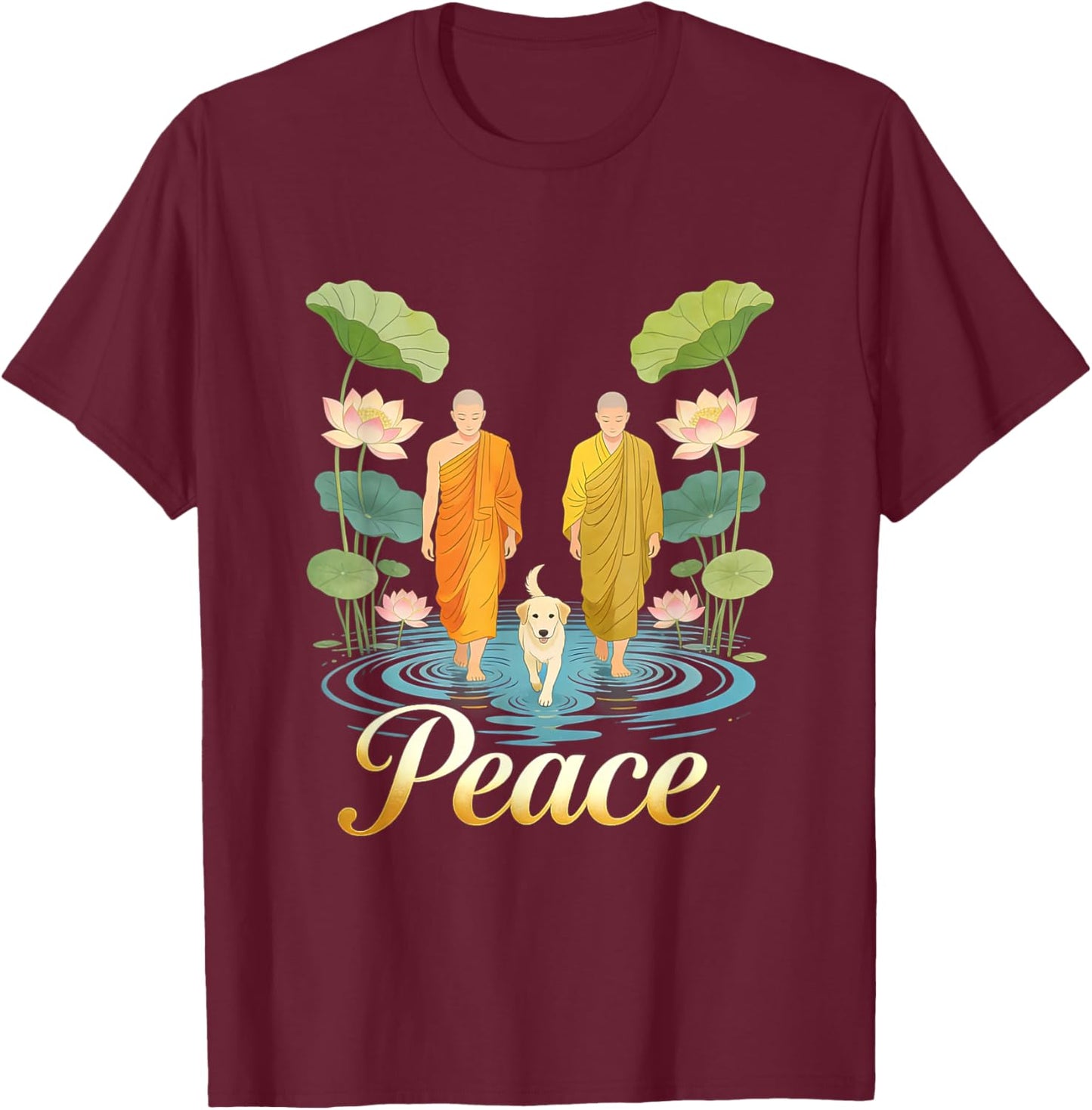 Peace Walking Monks Zen Art Walk for Aloka T-Shirt - T-Shirt | Maroon