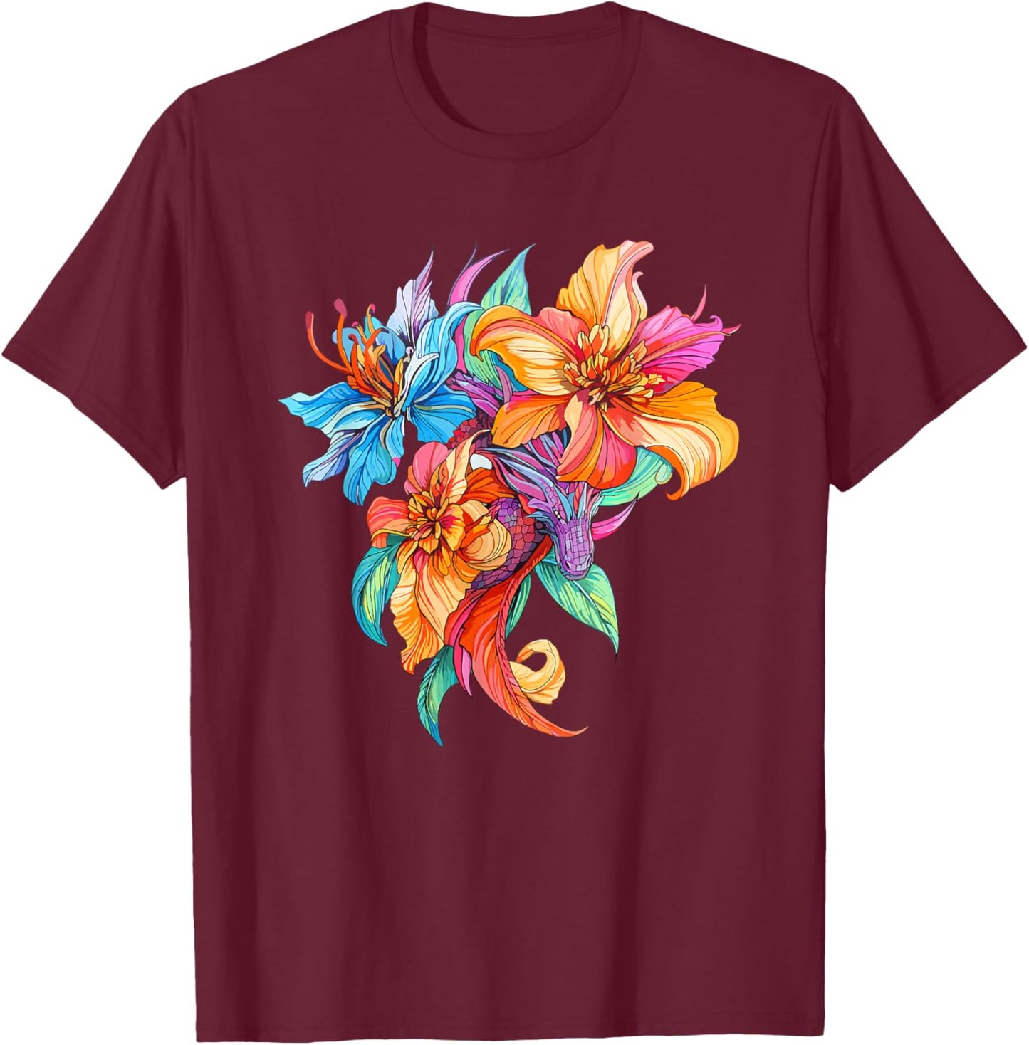 Colorful Dragon with Bright Fantasy Flowers T-Shirt - T-Shirt | Maroon