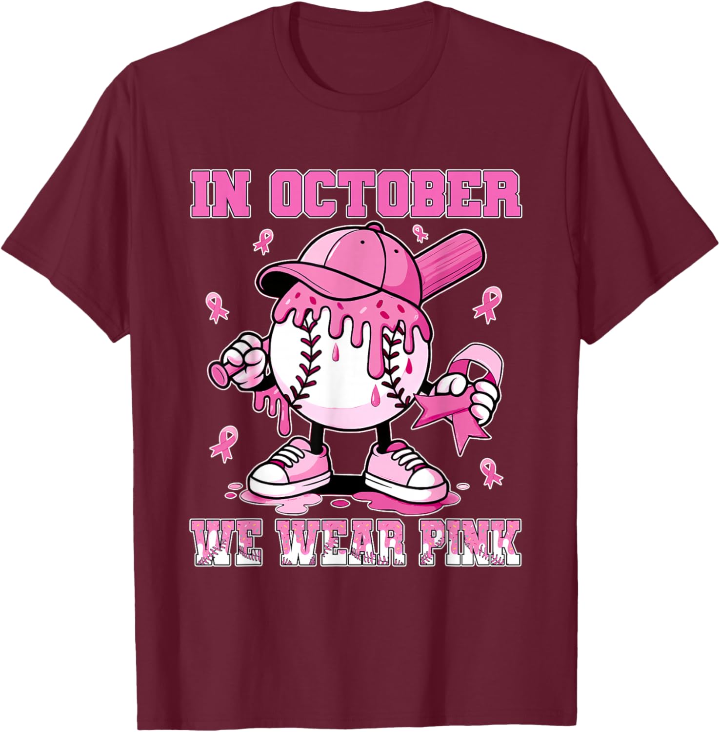 in October We Wear Pink Baseball Drip Breast Cancer T-Shirt - T-Shirt | Maroon