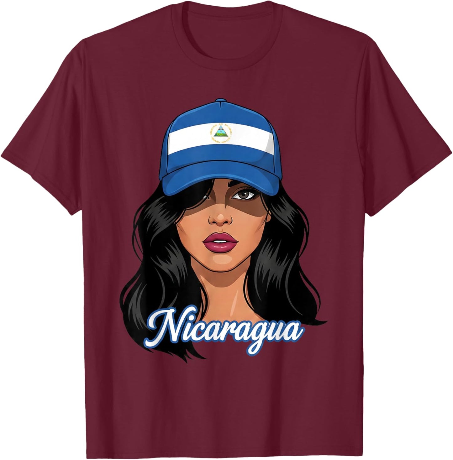 Nicaraguan Woman Girl Wearing Nicaragua Flag Baseball Cap T-Shirt - T-Shirt | Maroon
