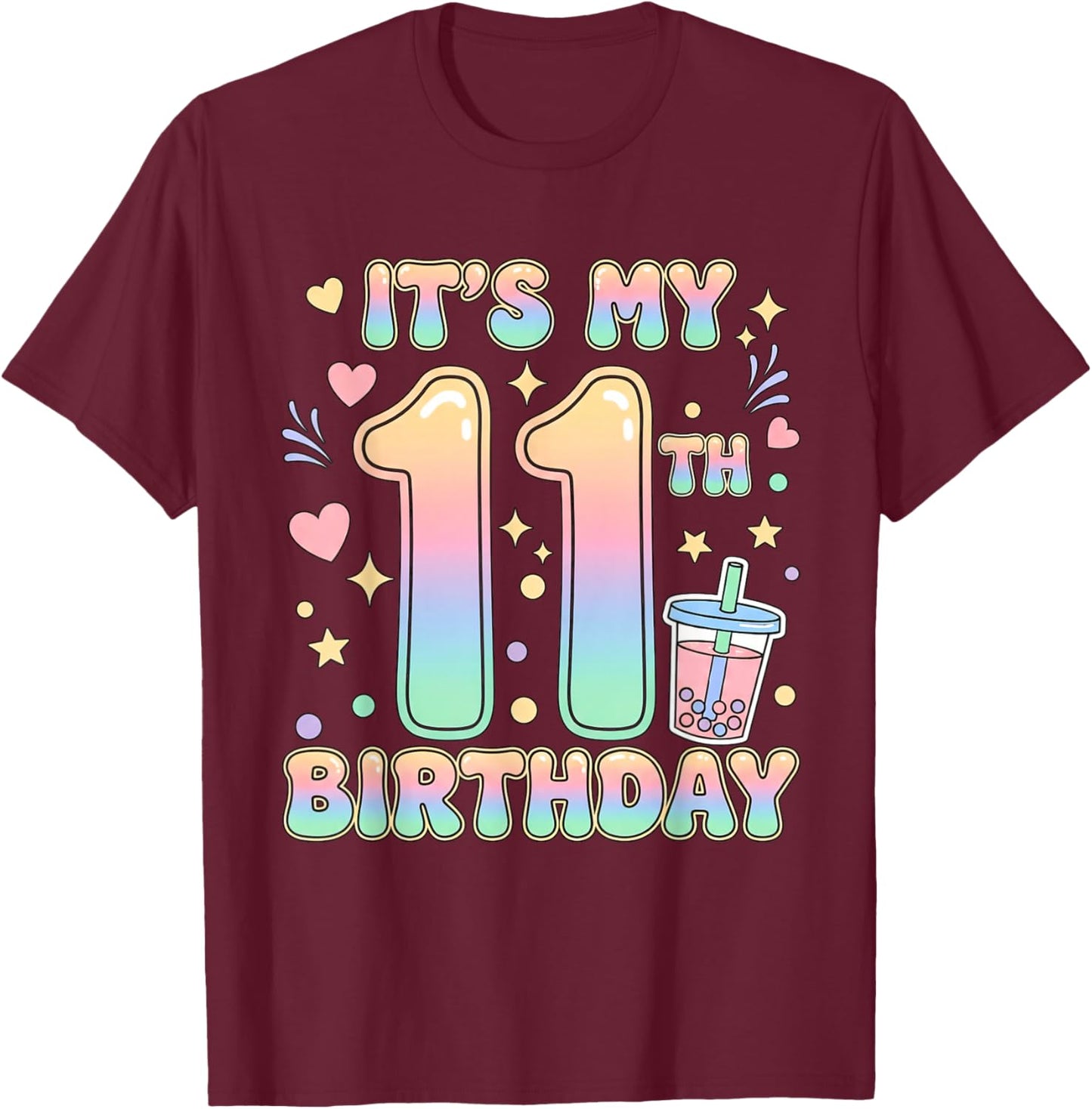 It's My 11th Birthday Bubble Boba Tea Party 11 Year Old Girl T-Shirt - T-Shirt | Maroon