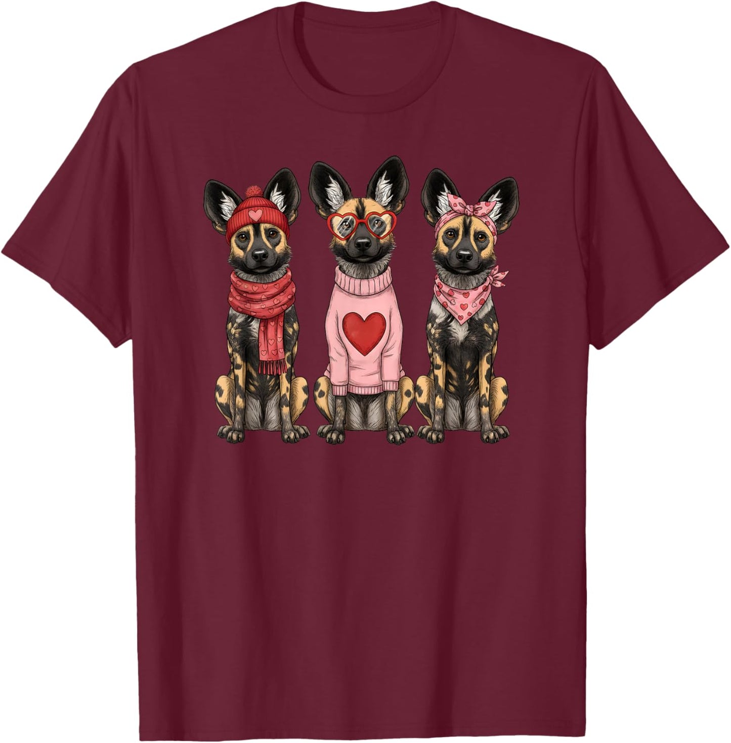 Retro African Wild Dog Cute Valentine T-Shirt - T-Shirt | Maroon