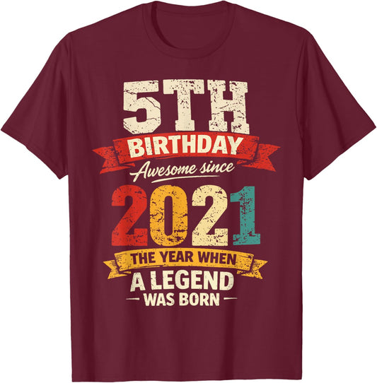 5 Year Old Vintage Awesome Since 2021 5th Birthday T-Shirt - T-Shirt | Maroon