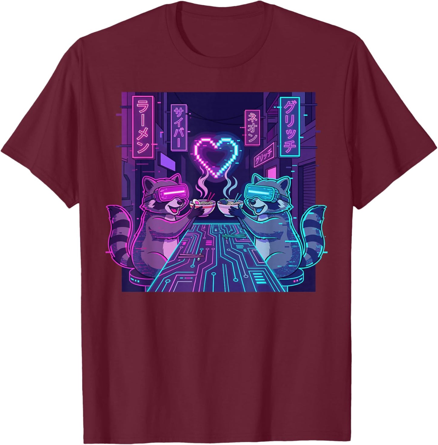 Cyberpunk Raccoon Ramen Valentines Day T-Shirt - T-Shirt | Maroon