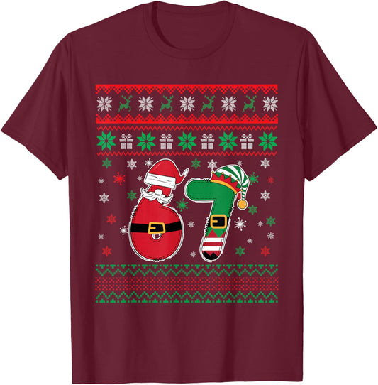 Funny 67 Six Seven Meme Couple Pajamas Matching Christmas T-Shirt - T-Shirt | Maroon