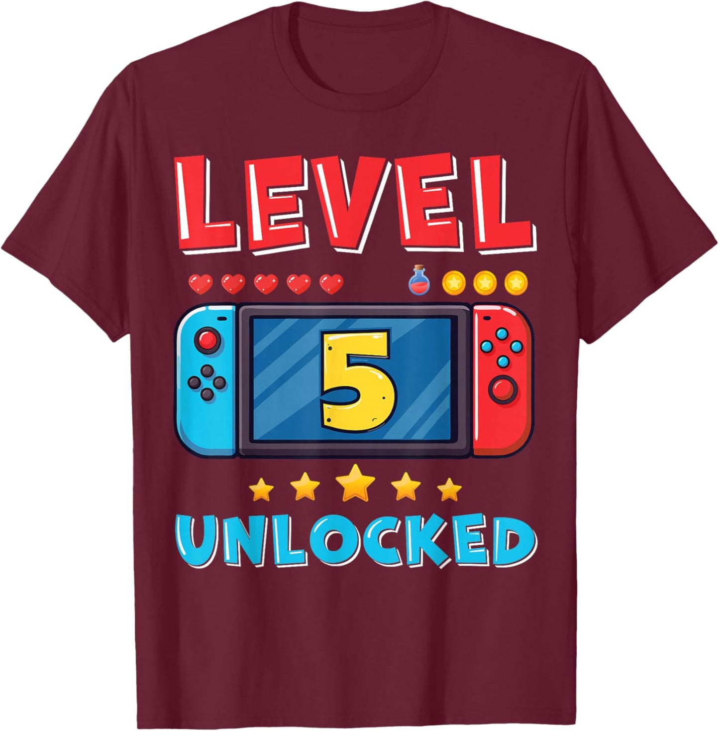 5 Year Old Bday Decorations Son Gamer Boy 5yr 5th Birthday T-Shirt - T-Shirt | Maroon
