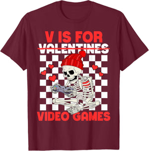 V is for Video Games Funny Boys Valentines Skeleton Gamer T-Shirt - T-Shirt | Maroon