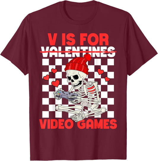 V is for Video Games Funny Boys Valentines Skeleton Gamer T-Shirt - T-Shirt | Maroon
