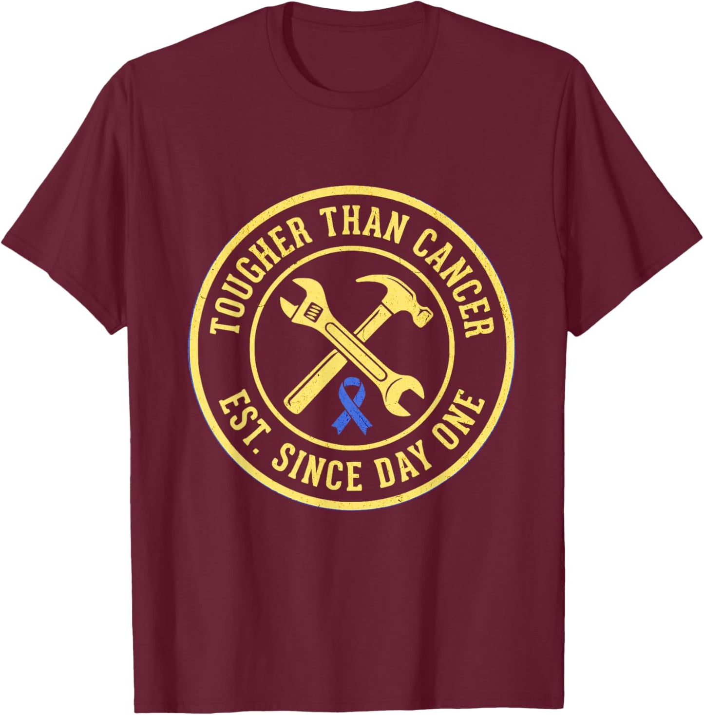Tougher Than Cancer Blue Ribbon Mechanic T-Shirt - T-Shirt | Maroon