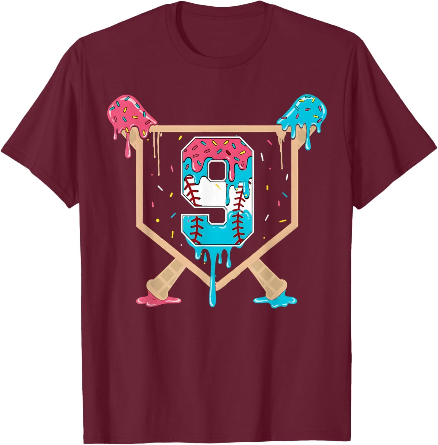 Baseball 9 Year Old Ice Cream Drip 9th Birthday Boys Player T-Shirt - T-Shirt | Maroon