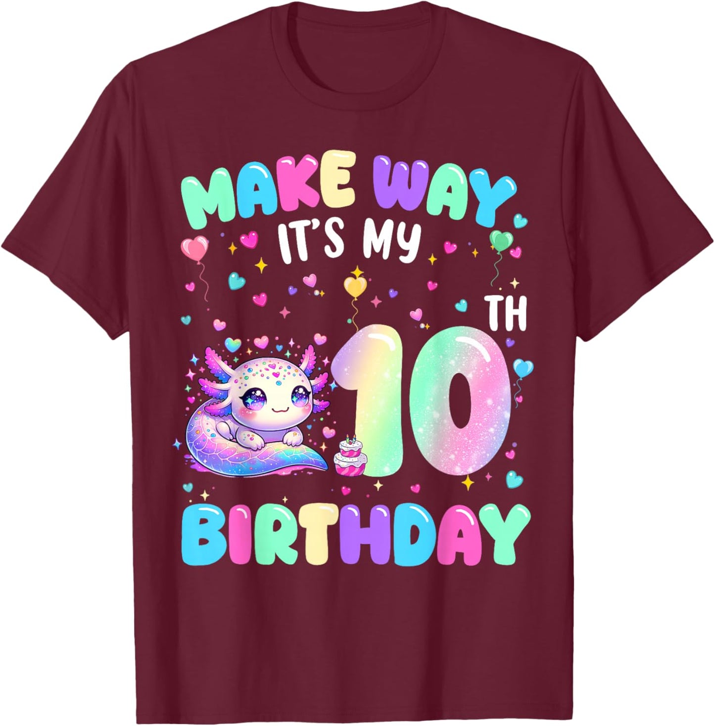 It's My 10th Birthday Girl Cute Axolotl 10 Year Old Kids T-Shirt - T-Shirt | Maroon