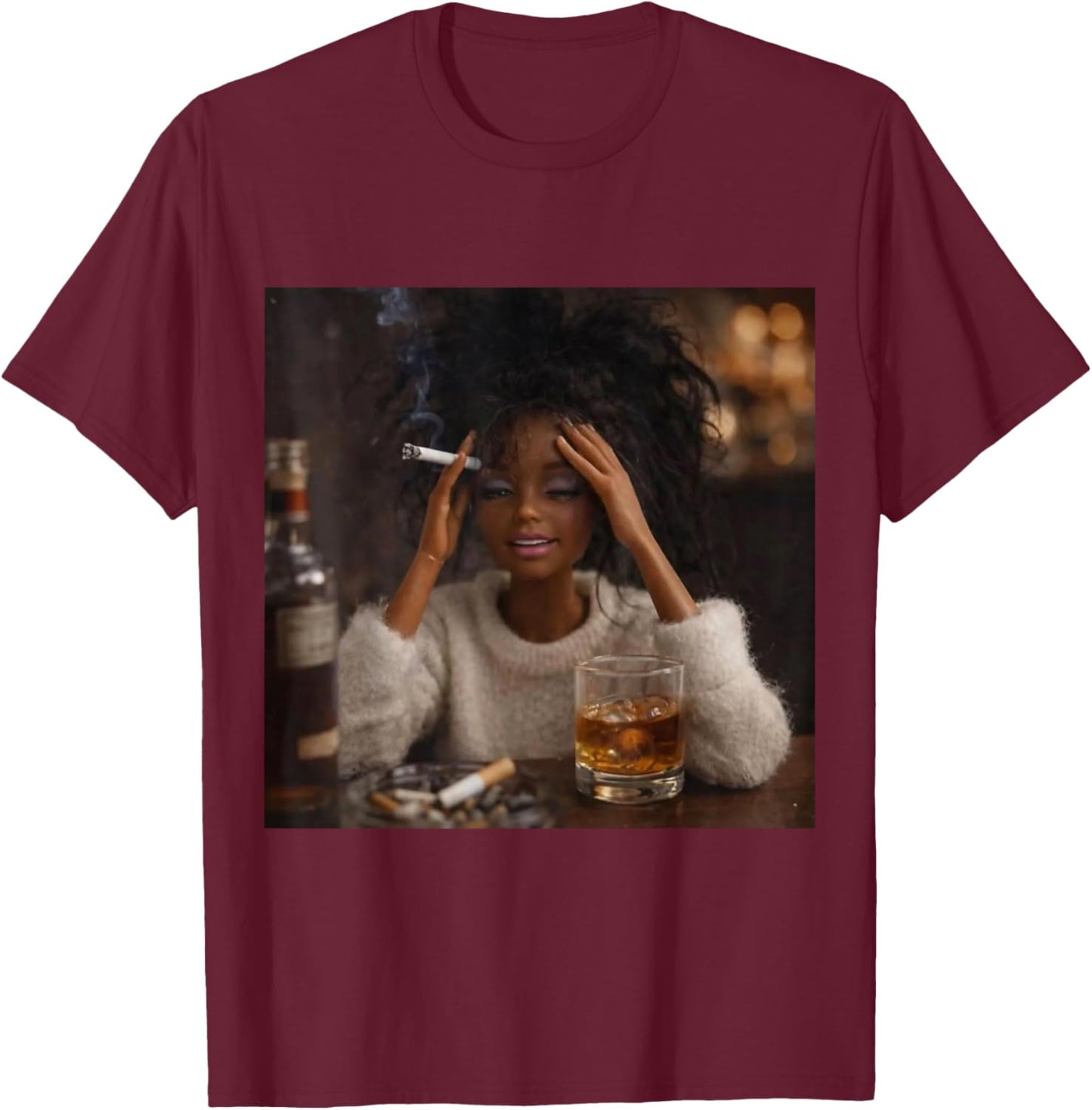 Funny Distressed Doll Face Meme Smoking Sarcastic Humor Gift T-Shirt - T-Shirt | Maroon