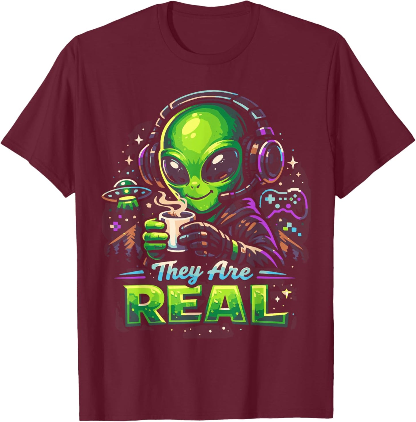They are Real Alien Gamer Coffee Headset Space Graphic T-Shirt - T-Shirt | Maroon