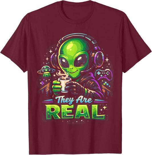 They are Real Alien Gamer Coffee Headset Space Graphic T-Shirt - T-Shirt | Maroon