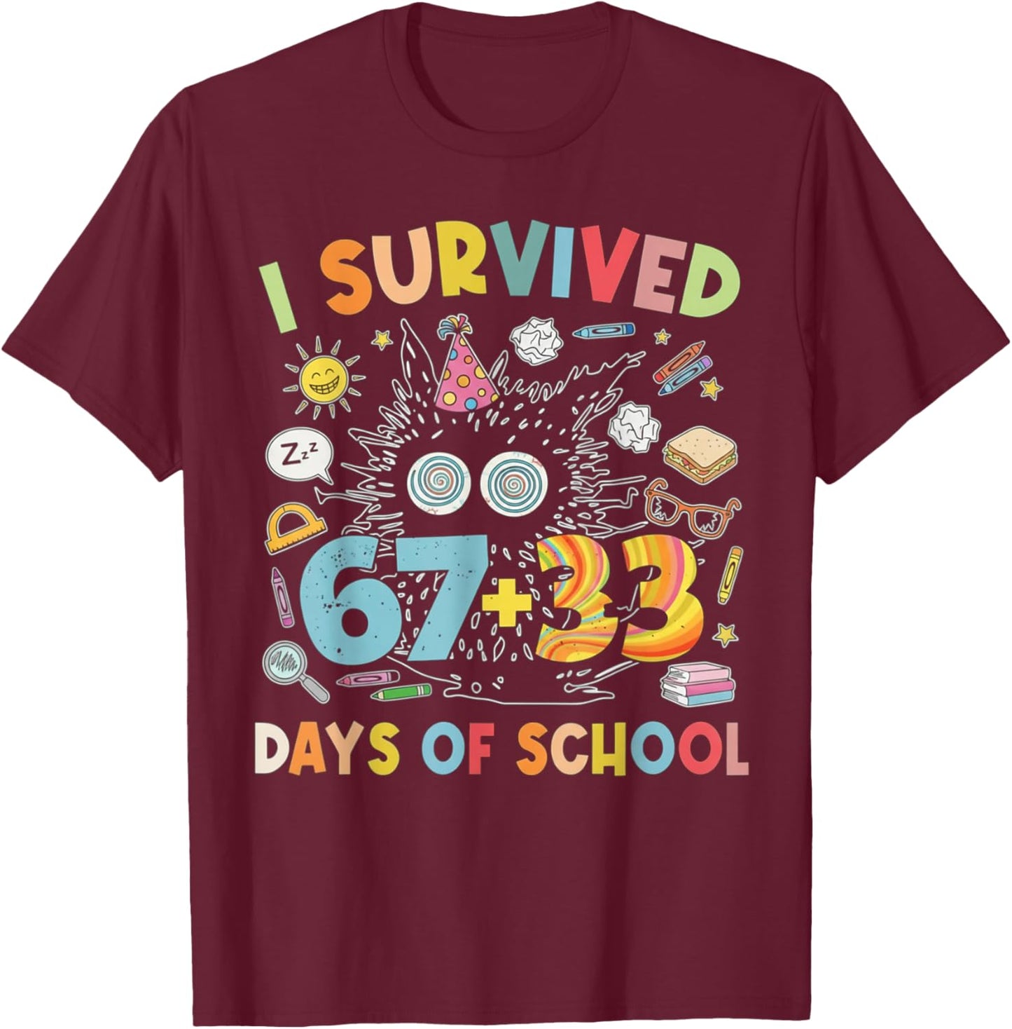 100 Days of School I Survived 67 33 Days of School Cat Lover T-Shirt - T-Shirt | Maroon
