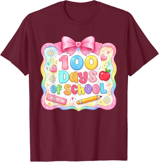 Preppy 100 Days of School Girl Kids Cute 100th Day of School T-Shirt - T-Shirt | Maroon