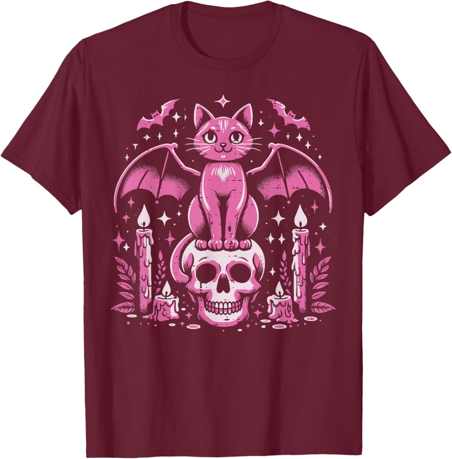 Cat Bat On Skull Halloween Costume Goth Women Girls Kids T-Shirt - T-Shirt | Maroon