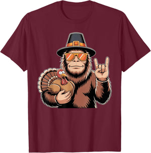 Thanksgiving Bigfoot Turkey Rock n Roll Bigfoot Sasquatch T-Shirt - T-Shirt | Maroon