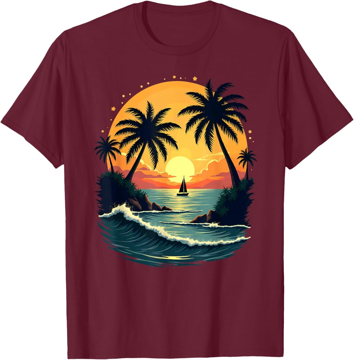 Retro Sunset Beach Palm Trees Sailboat Sailing T-Shirt - T-Shirt | Maroon