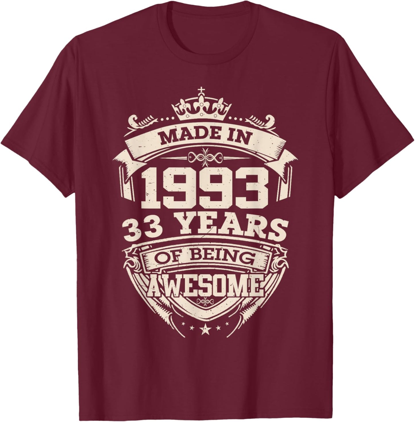 Made in 1993 33rd Years of Being Awesome Birthday Vintage T-Shirt - T-Shirt | Maroon