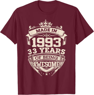 Made in 1993 33rd Years of Being Awesome Birthday Vintage T-Shirt - T-Shirt | Maroon