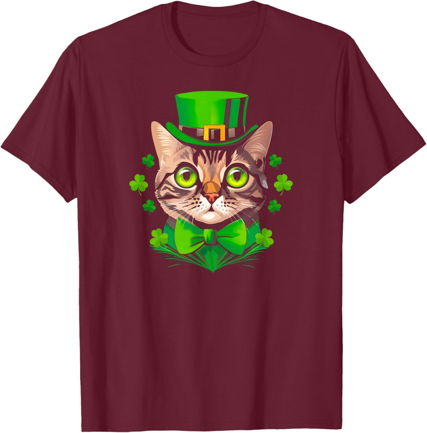 St Patricks Day Shamrock Cat Saint Pattys Women Girls Kids T-Shirt - T-Shirt | Maroon