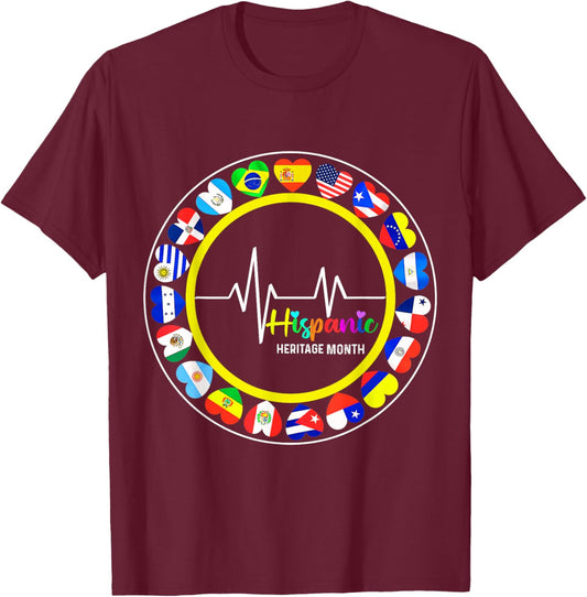 Hispanic Heritage Month All Countries Heart T-Shirt - T-Shirt | Maroon