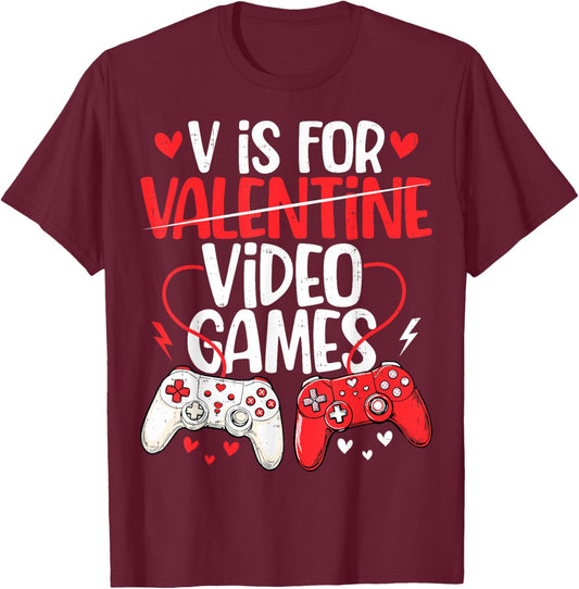 V is for Video Games Funny Valentines Gamer Boy Men Kids T-Shirt - T-Shirt | Maroon