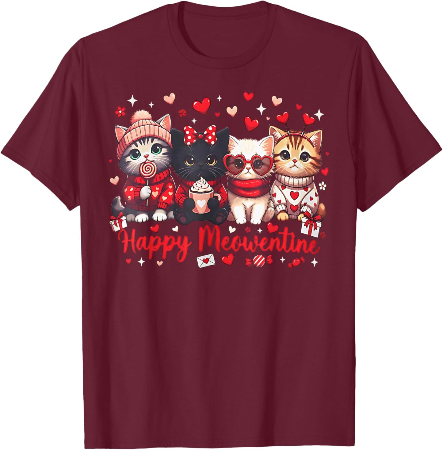 Happy Meowentines Cute Valentine Cat Lovers Girls Women Kid T-Shirt - T-Shirt | Maroon
