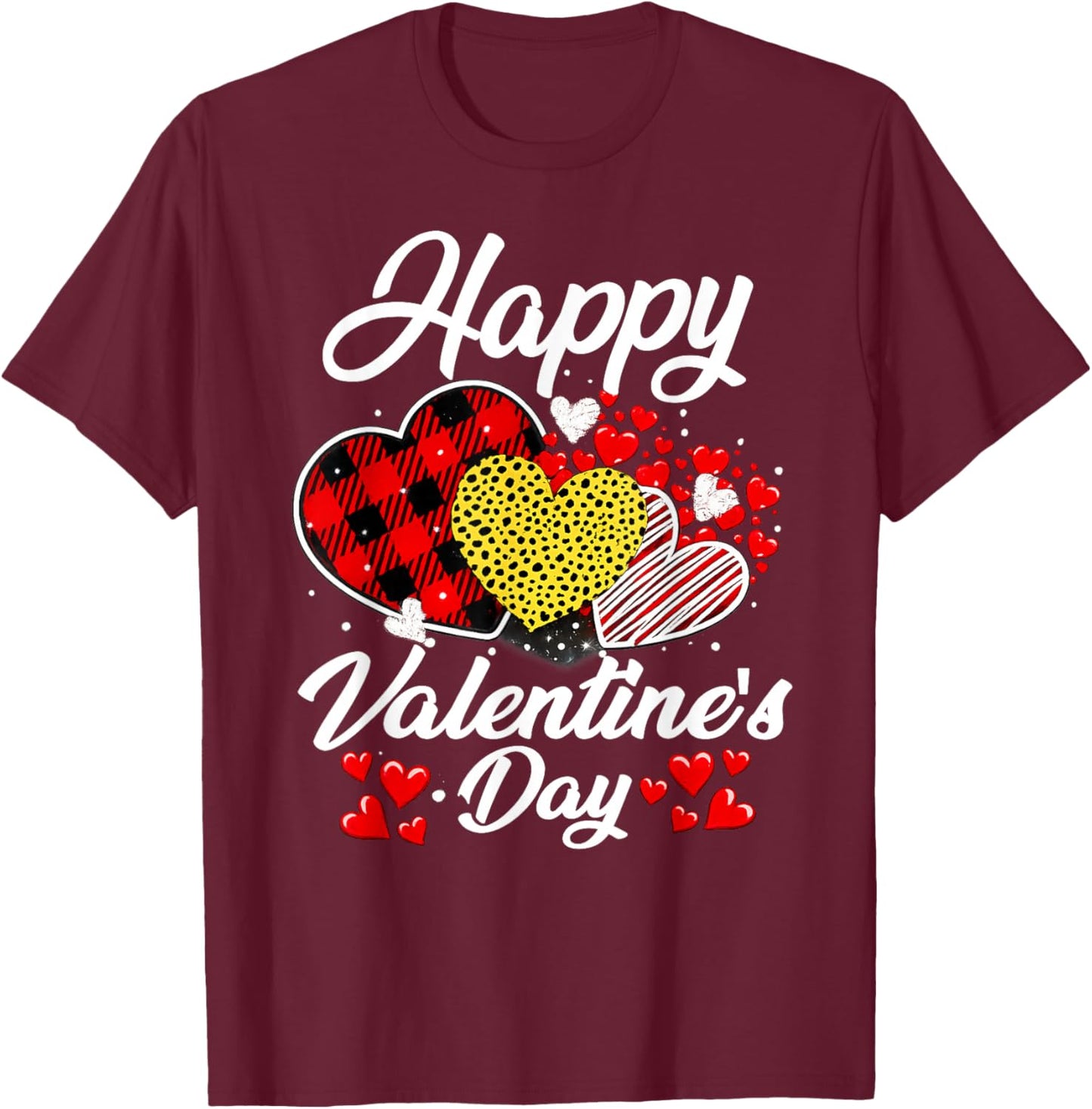 Happy Valentine's Day Hearts with Leopard Plaid Valentine T-Shirt - T-Shirt | Maroon