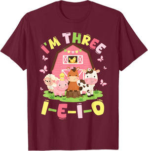 I'm Three I-E-I-O 3 Years Old Farm Animal Birthday T-Shirt - T-Shirt | Maroon