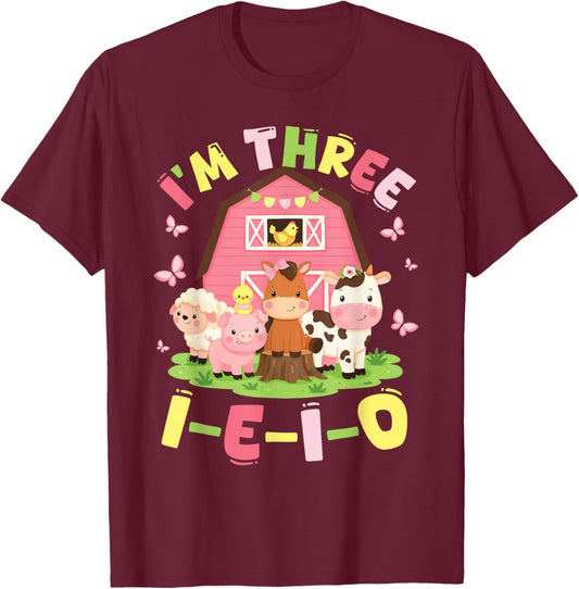 I'm Three I-E-I-O 3 Years Old Farm Animal Birthday T-Shirt - T-Shirt | Maroon