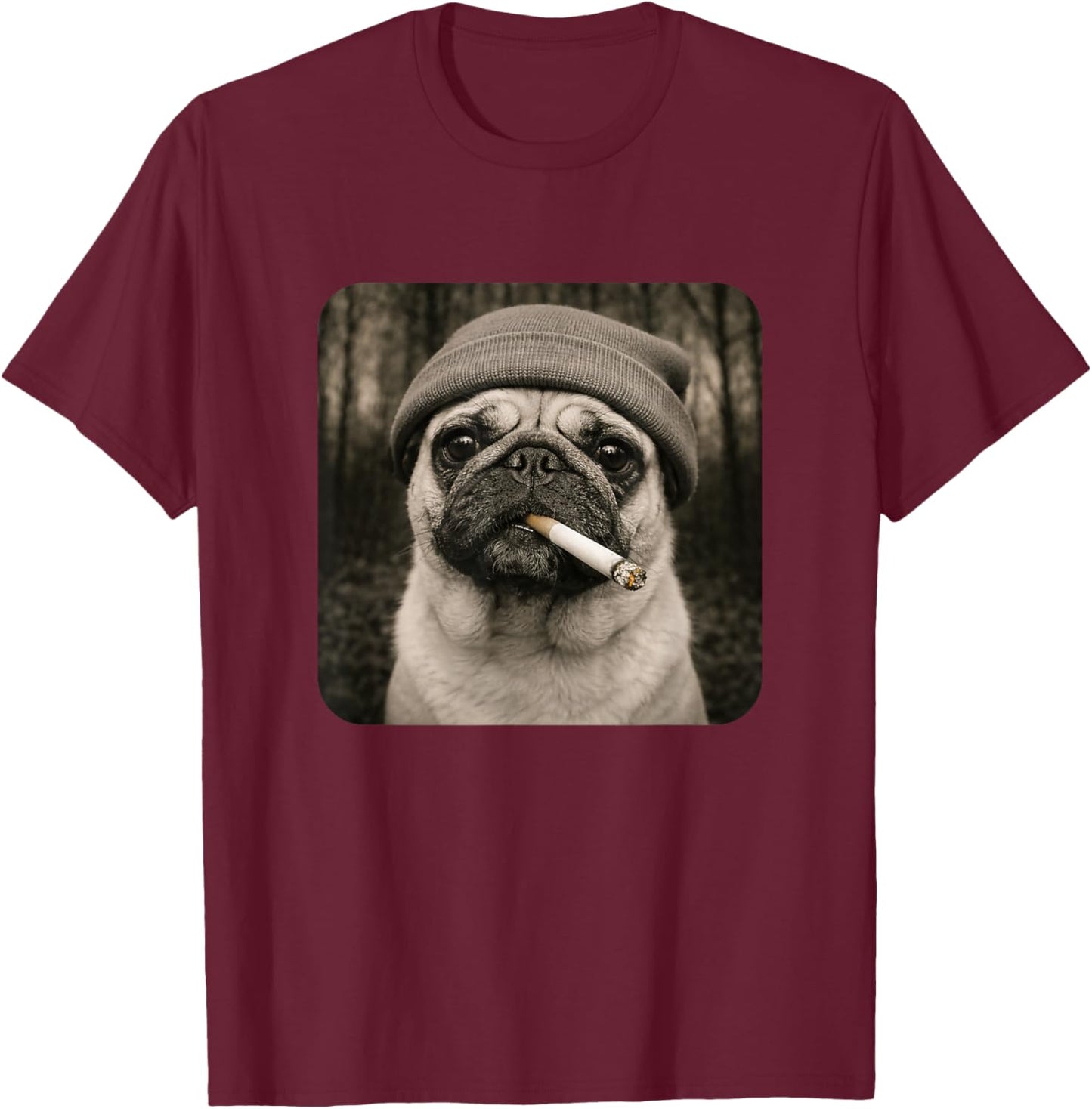 Funny Smoking Pug Dog Meme Cigarette Grunge Beanie Cigarette T-Shirt - T-Shirt | Maroon