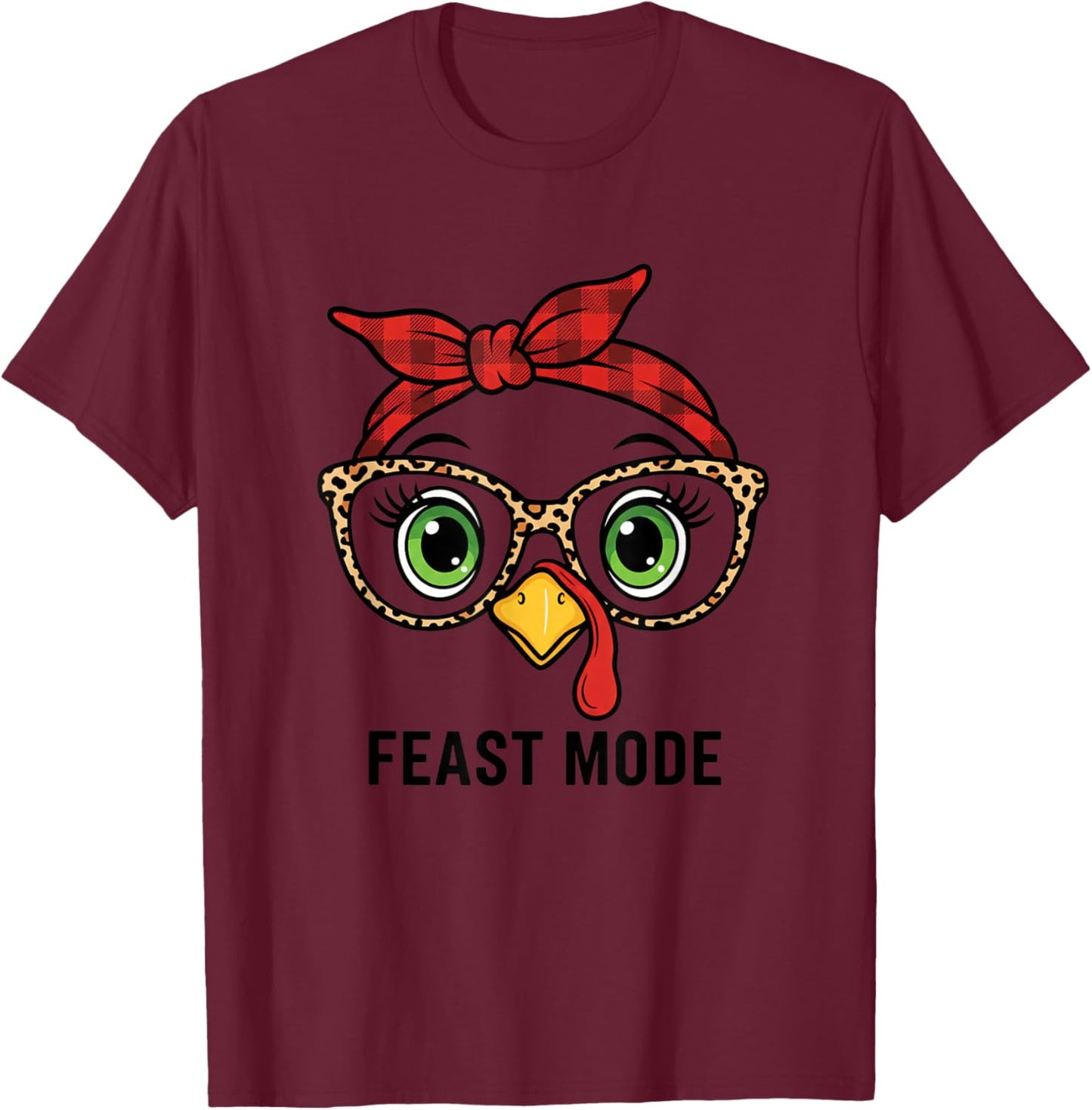 Funny Thanksgiving Turkey, Leopard Glasses & Buffalo Plaid T-Shirt - T-Shirt | Maroon