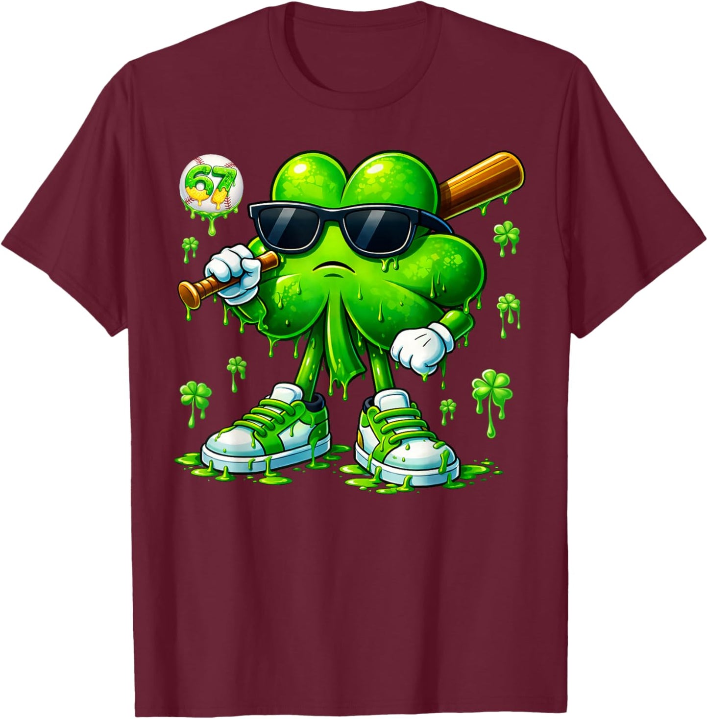 Funny Dripping Drip Shamrock Baseball St Patrick Men Boy Kid T-Shirt - T-Shirt | Maroon
