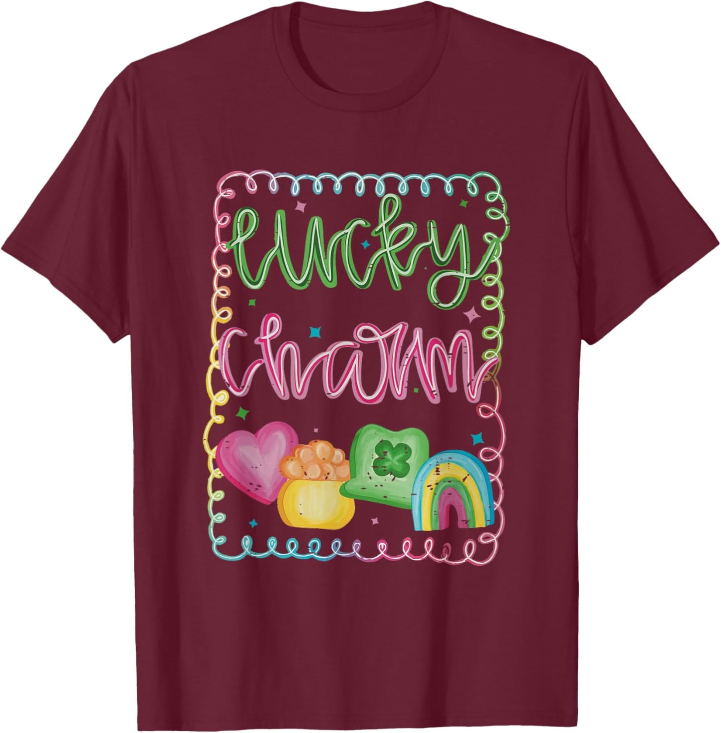 Retro Lucky Charm Rainbow Clover Irish Girly St Patricks Day T-Shirt - T-Shirt | Maroon