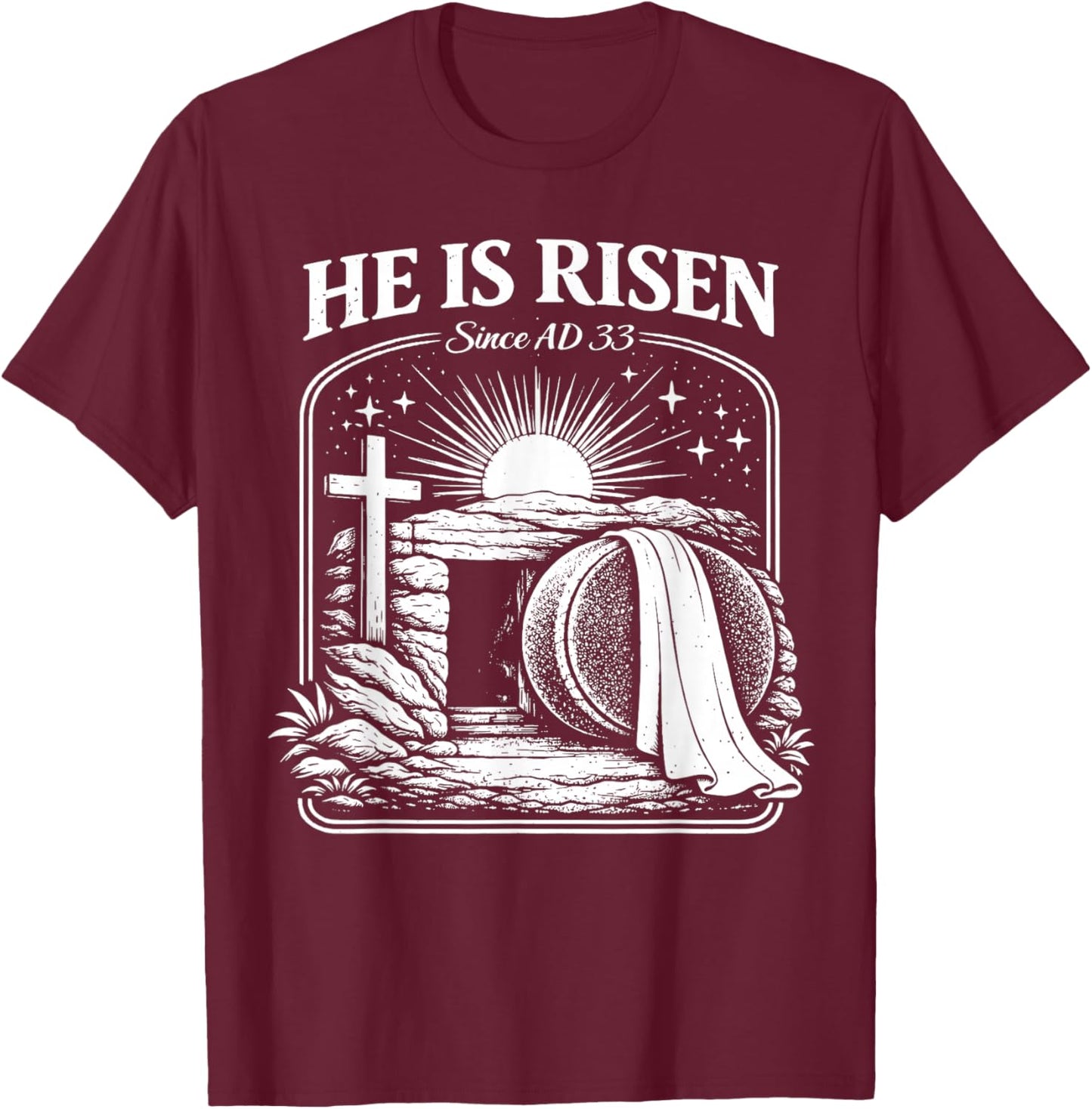 Retro Easter Christian He is Risen The Stone was Rolled Away T-Shirt - T-Shirt | Maroon