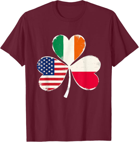 Irish American Polish Flag Shamrock St Patricks Day Lucky T-Shirt - T-Shirt | Maroon