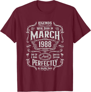 Vintage 38th Birthday Legends were Born in March 1988 T-Shirt - T-Shirt | Maroon
