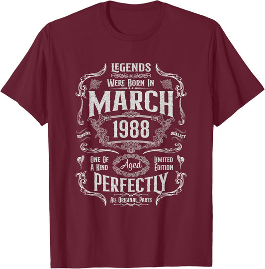 Vintage 38th Birthday Legends were Born in March 1988 T-Shirt - T-Shirt | Maroon