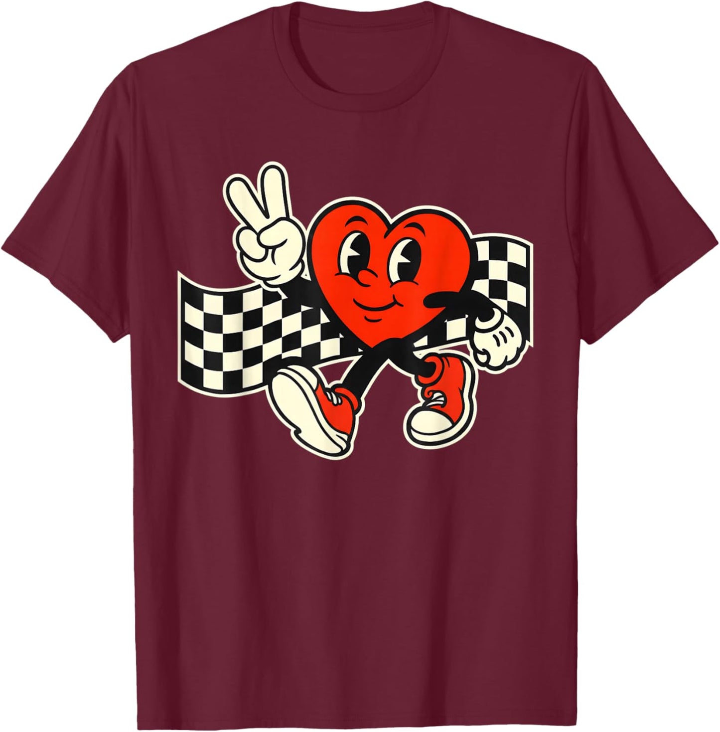 Valentine's Day Heart Peace Hand Retro Groovy Men Women Kids T-Shirt - T-Shirt | Maroon