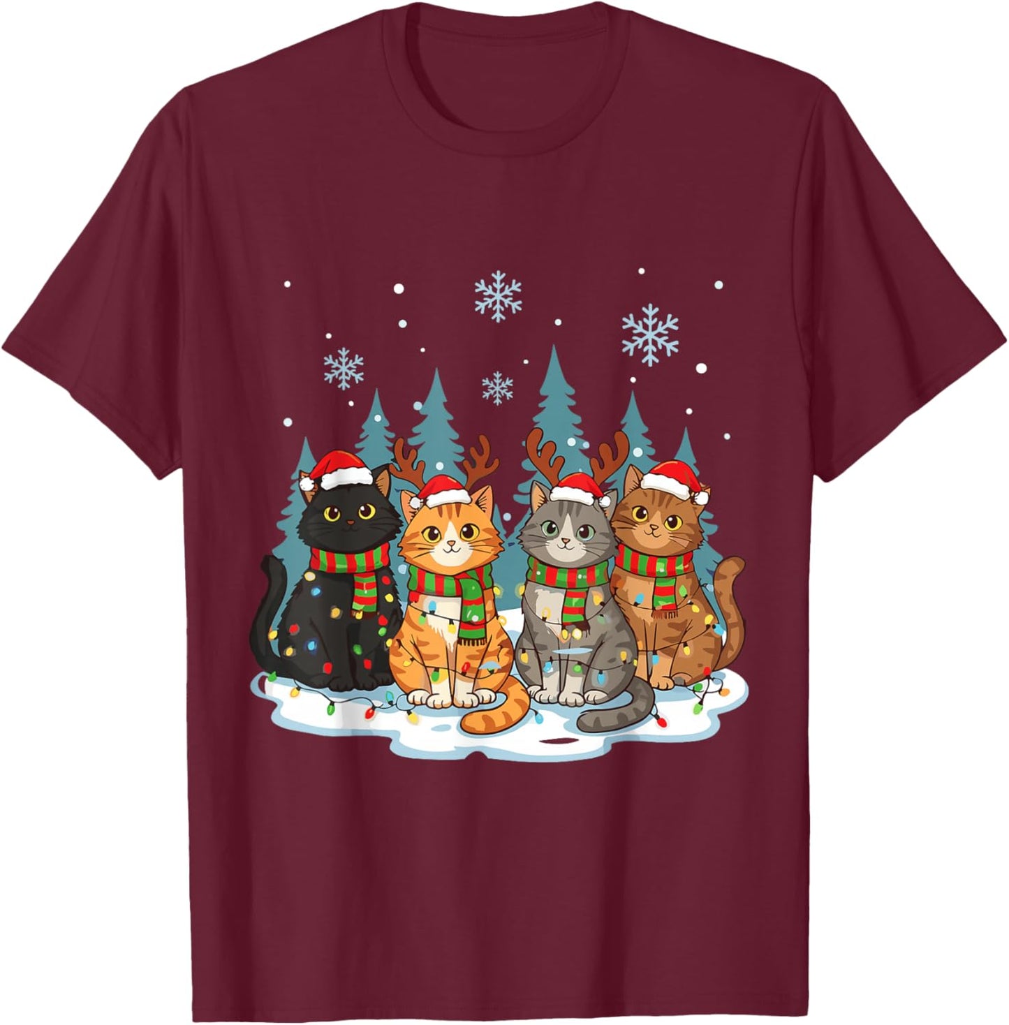 Cute Christmas Cats Funny Holiday Kitten Lights Sant T-Shirt - T-Shirt | Maroon