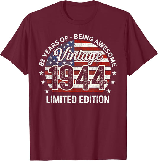 Vintage Awesome Since 1944 Retro 82nd Birthday USA Flag T-Shirt - T-Shirt | Maroon