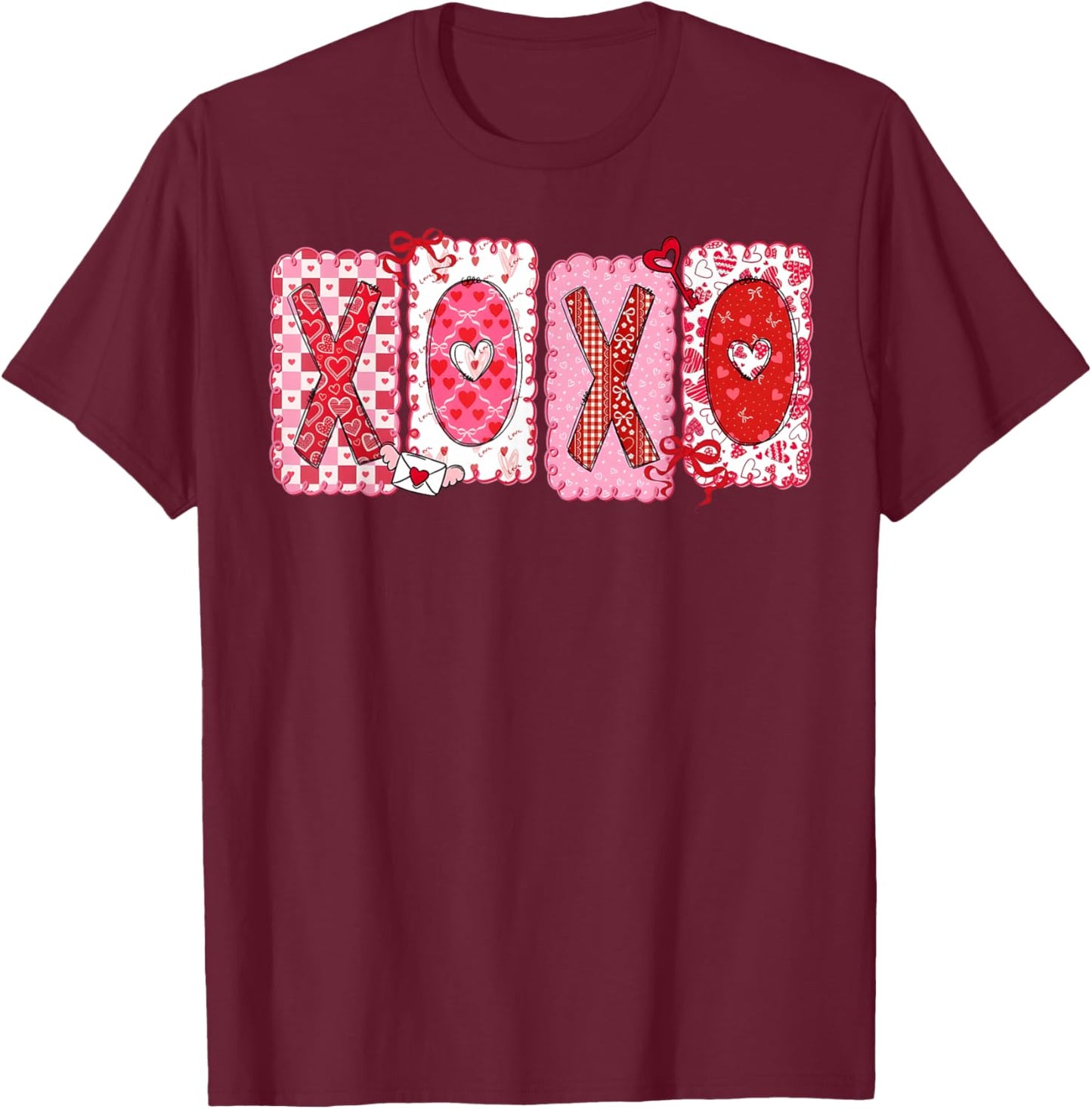 Happy Valentine Coquette Bow XOXO Hugs & Kisses Girl Women T-Shirt - T-Shirt | Maroon