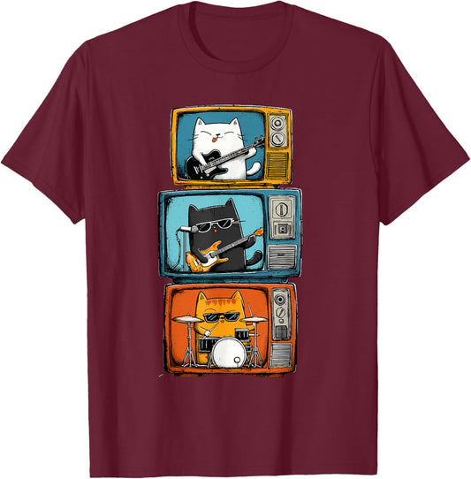 Novelty Cats Band Guitar Drums Men Kids Women Funny Y2K T-Shirt - T-Shirt | Maroon