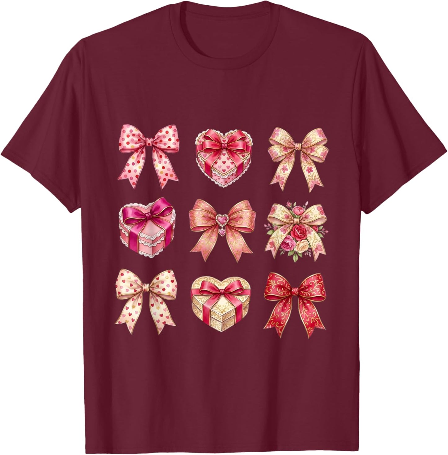 Valentines Day Hearts Coquette Bow Women Girls Boys T-Shirt - T-Shirt | Maroon